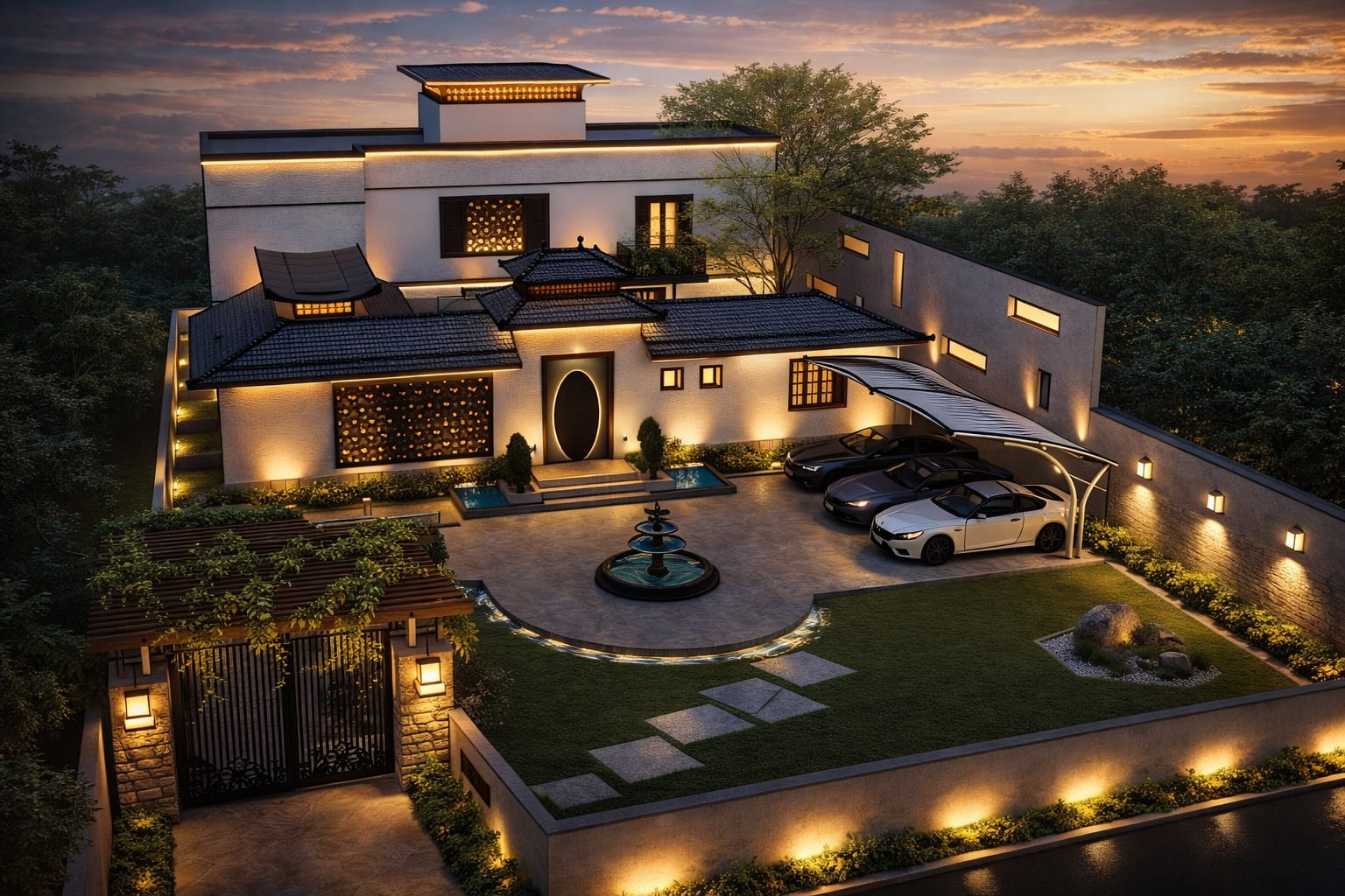 BrickMuse Infra - signature villa exterior at dusk, Mysuru